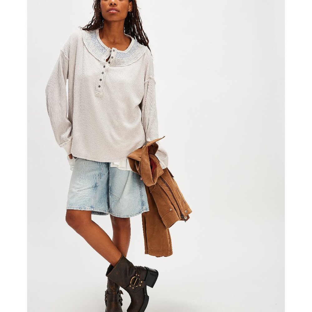 Free People Cream Waffle Knit Long Sleeve Henley Top